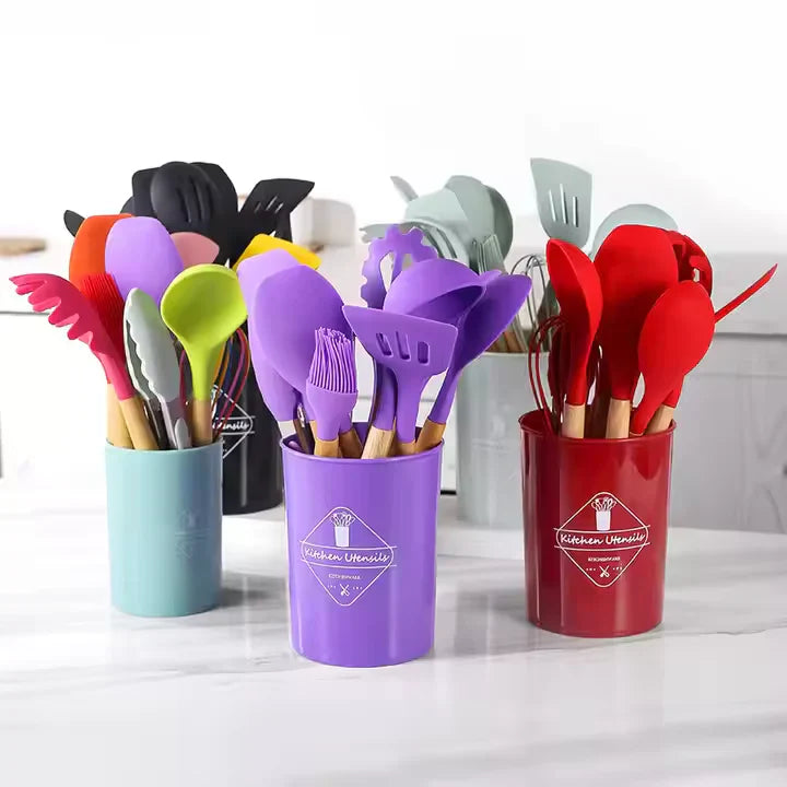 Original China Imported 12 Pcs Silicone Kitchen Set Wooden Handle and Storage Box