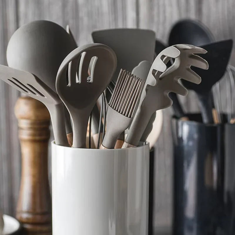 Original China Imported 12 Pcs Silicone Kitchen Set Wooden Handle and Storage Box